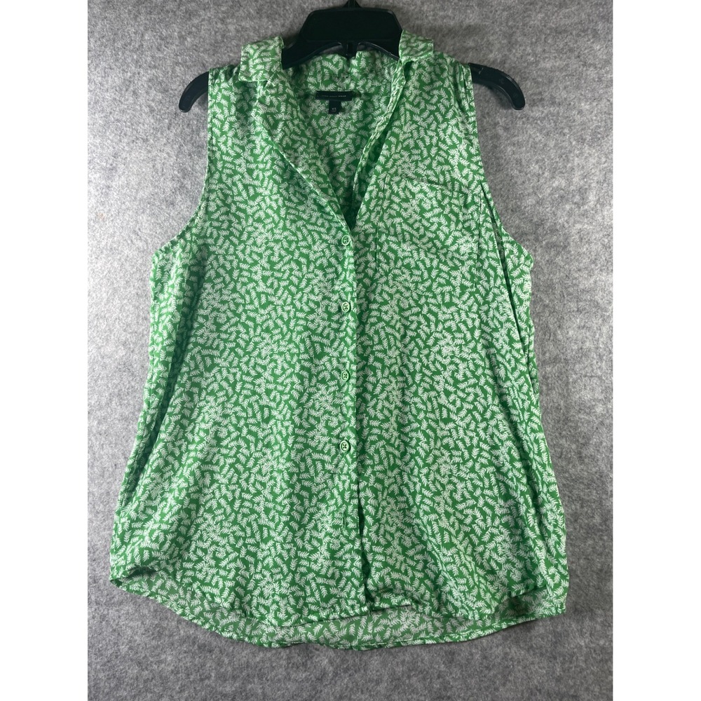 Who What Wear Womens XS Green White Leaf Print Sleeveless Button Down Blouse Top